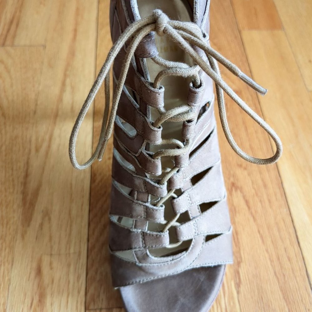 [SOLD] Stuart Weitzman Nubuck Gladiator Caged Suede Stiletto Bootie Sandals Tan - Picture 4 of 15